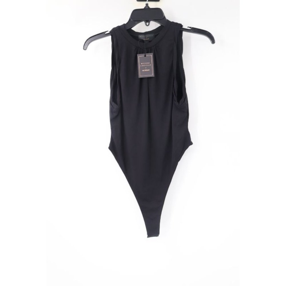 NWT Revolve Michael Costello Bodysuit Women M Black Pleated Crew Neck Sleeveless